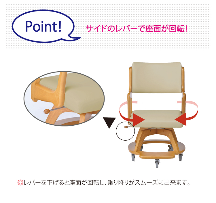 ポイント②サイドレバーで座面が回転!