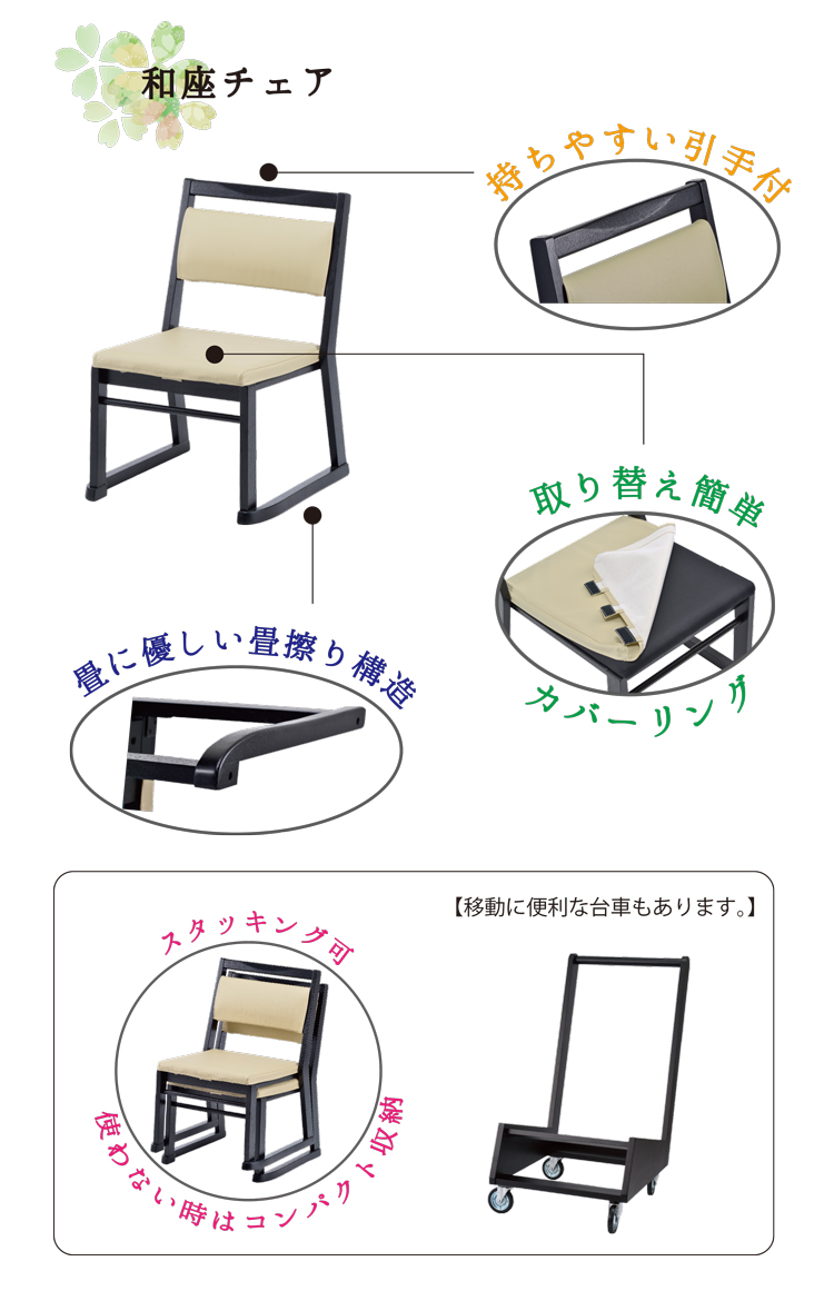持ち易い引手付き!畳擦り構造で畳に優しい!スタッキング機能でコンパクトに収納!