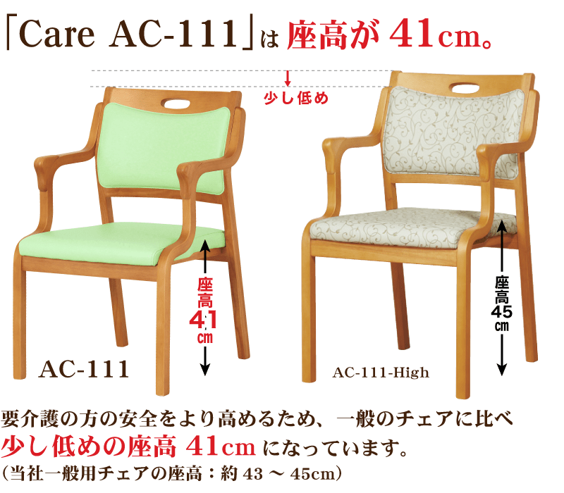 Care-AC-111はちょっと低めの座面高41cmで少し低めに設計しています