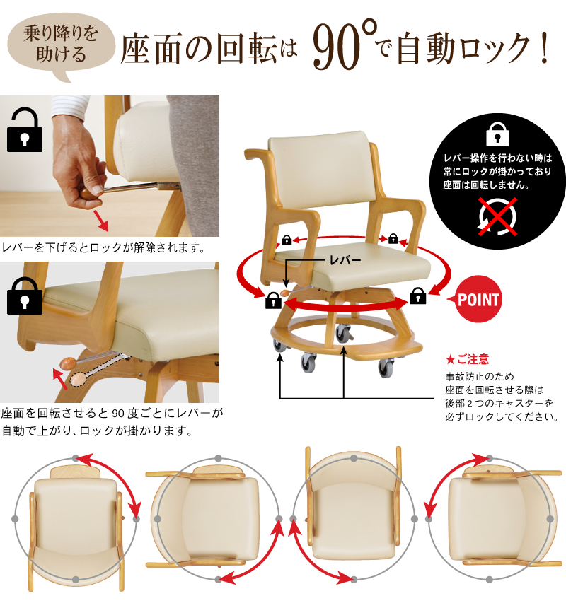 ポイント③「乗り降りを助ける ロック式回転座面」