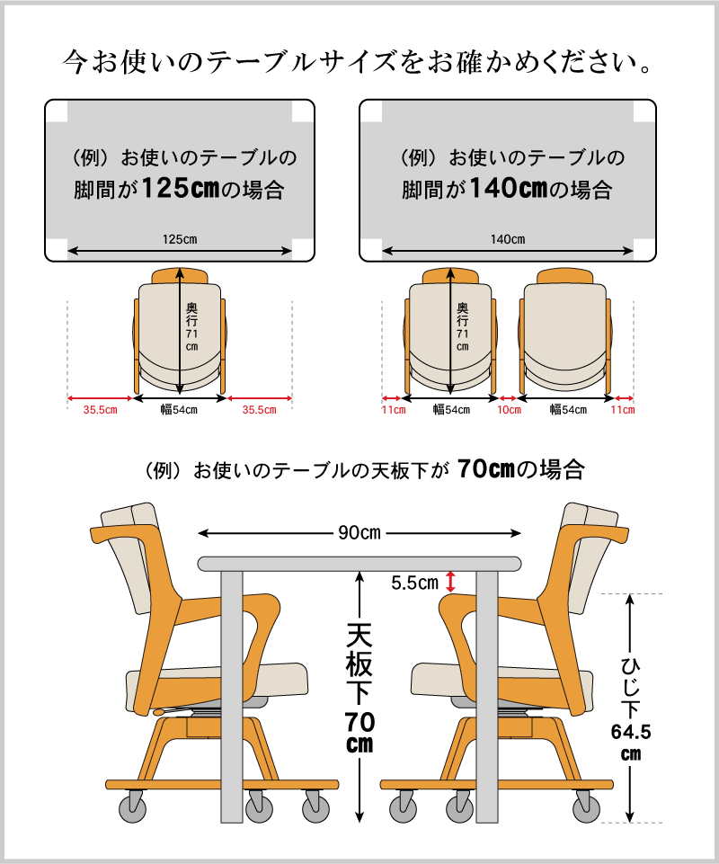 ご自宅でお使いのテーブルサイズで使えるかご確認ください